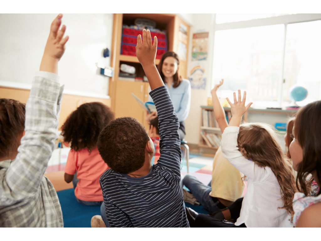 Children listening and raising hands to take turns talking in groups are showing kindergarten readiness.